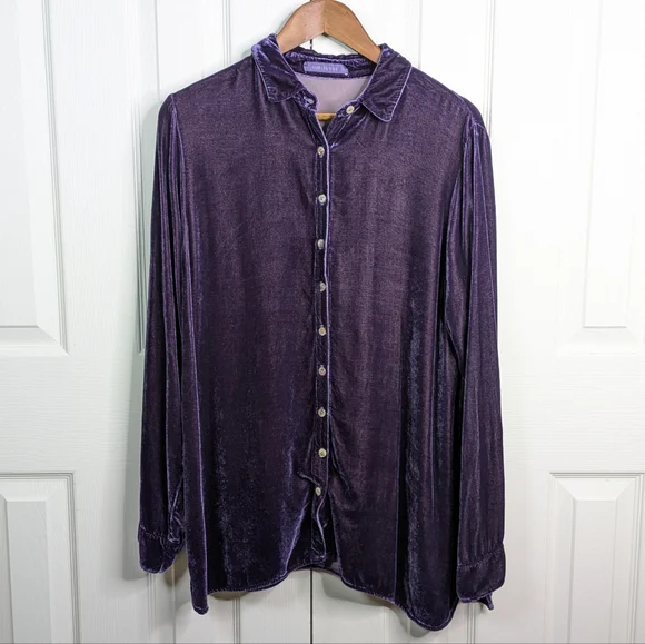 Cut Loose Cut Velvet Button Front Top Medium Purple Silk Blend Lagenlook L/S - Picture 2 of 10